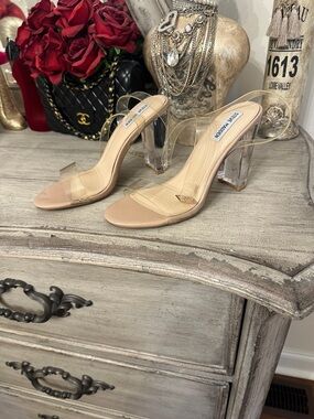Steve Madden Nude Clear-Strap Block Heel Mules